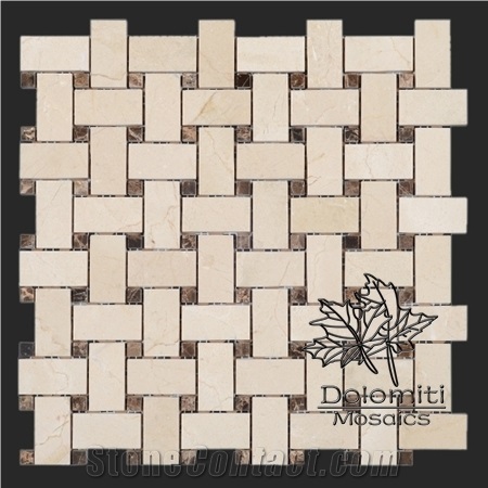 Basketweave Marble Mosaic Tile in Crema Marfil and Dark Emperador Dots