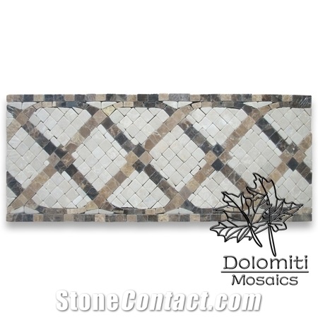 Crema Marfil and Emperador Interlocking Pattern Marble Mosaic Tile Borders 4.75x12 Inch Tumbled