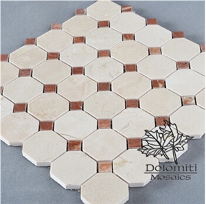 Crema Marfil Mosaic Tiles with Red Dots-Octagon Pattern Stone Tiles