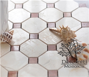 Crema Marfil Mosaic Tiles with Red Dots-Octagon Pattern Stone Tiles