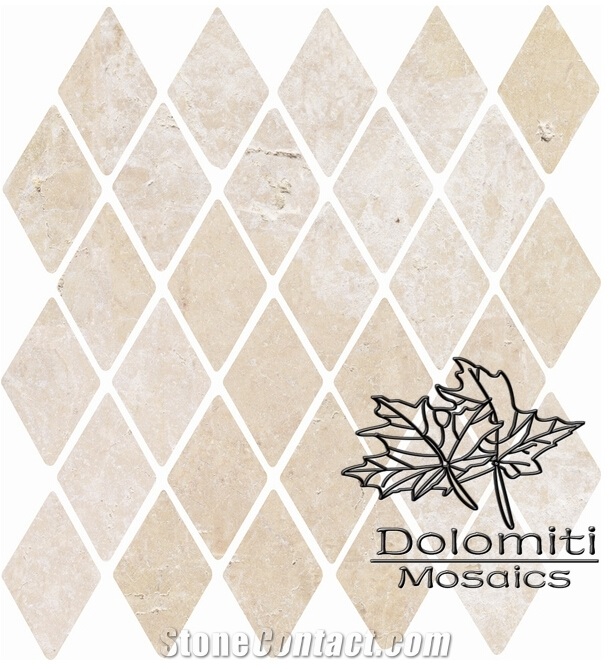 Diamond Pattern Stone Mosaic Tiles in Tumbled White Travertine