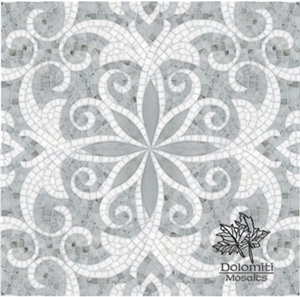 Elaborate Marble Handcrafted Mosaic Tiles in Orental White and Thassos White Honed Medallion