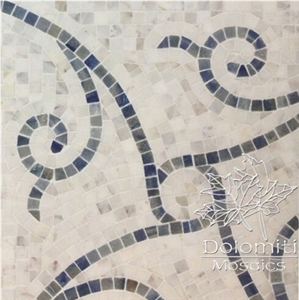 Handcrafted Marble Mosaic Pattern Tile Hm06 in Bianco Dolomiti Marble and Grey Marble Medallion