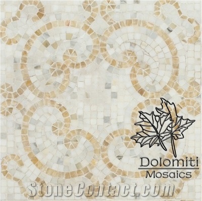 Handcrafted Marble Mosaic Pattern Tile in Bianco Dolomiti (Greece Ariston White),Golden Emperador Medallion