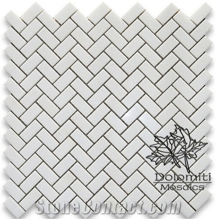 Herringbone Marble Mosaic Tiles in Thassos White 1" X 2" Honed or Polished