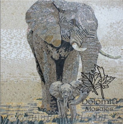 Marble Mosaic Art Of Elephants Mural