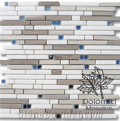 Marble Mosaic Tiles in Pure White Marble and Wood Grey Marble Strips and Crystal Blue Dots 3/8 X 6