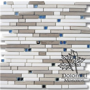 Marble Mosaic Tiles in Pure White Marble and Wood Grey Marble Strips and Crystal Blue Dots 3/8 X 6