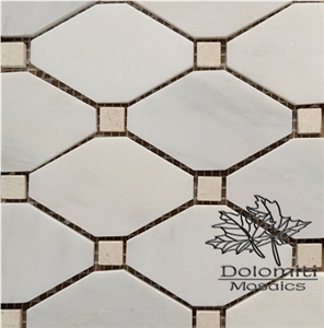 Octagon Marble Mosaic Tiles in Ariston Greece White Marble with Beige Color Dots