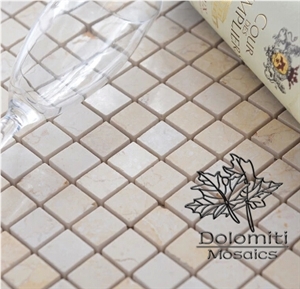 Square Stone Mosaic Tiles in Emperador and Marfil Marble, Honed Mosaic