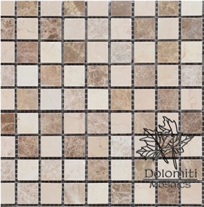 Square Stone Mosaic Tiles in Emperador and Marfil Marble, Honed Mosaic