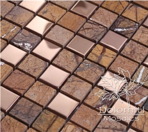 Tumbled Marble Mosaic Tile in Brown Rainforest Marble and Brown Metal