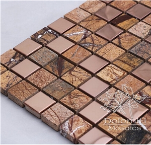 Tumbled Marble Mosaic Tile in Brown Rainforest Marble and Brown Metal