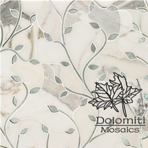 Vine Design Waterjet Marble Mosaic Tile in Calacatta and Ming Green Wm018 Medallion