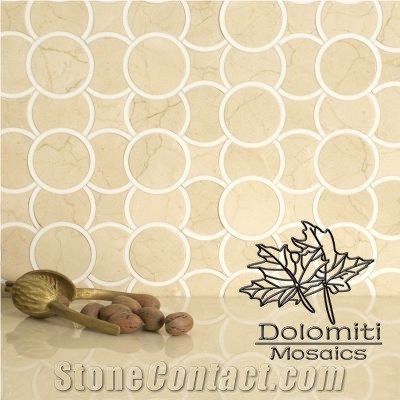 Waterjet Stone Inlay Mosaic in Crema Marfil and Thassos White Marble- Wm003