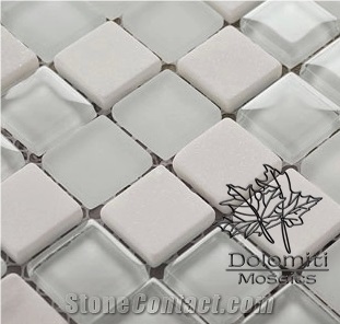 White Thassos Mosaic Tile,Mix Crystal Glass Tiles in Three Finishs