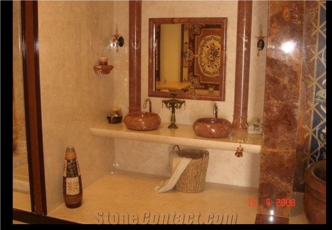 Classic Cream Marble Bathroom Vanity Top, Red Onyx Frame and Column