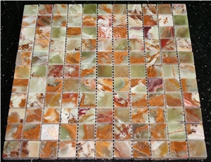 Green Onyx Polished Square Mosaic Tiles, Multicolor Green Onyx Mosaic