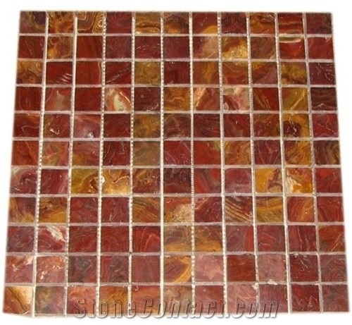 Red Onyx Polished Square Mosaic Tiles, Multicolor Red Onyx Mosaic