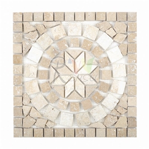 Travertine Mosaic Floor Medallion, Classic Beige Travertine Floor Medallions