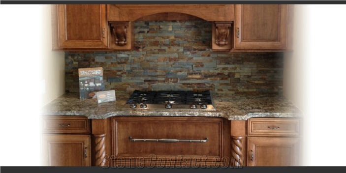 Bellini Granite Kitchen Countertop and Multicolor Slate Backsplah