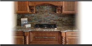 Bellini Granite Kitchen Countertop and Multicolor Slate Backsplah