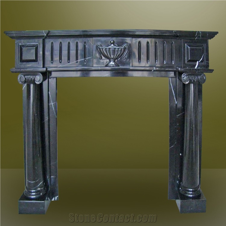 Black Marble Fireplace Design,Column Style Marble Fireplace Design