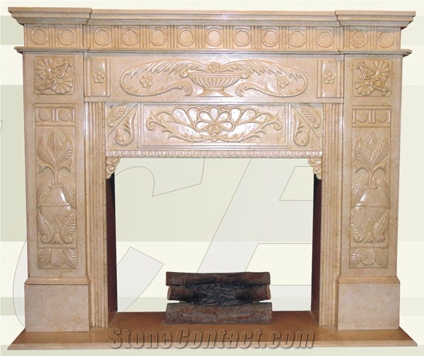 Flower Carved Style Marble Fireplace Design, Stone Fireplace-9 Yellow Marble Fireplace Design