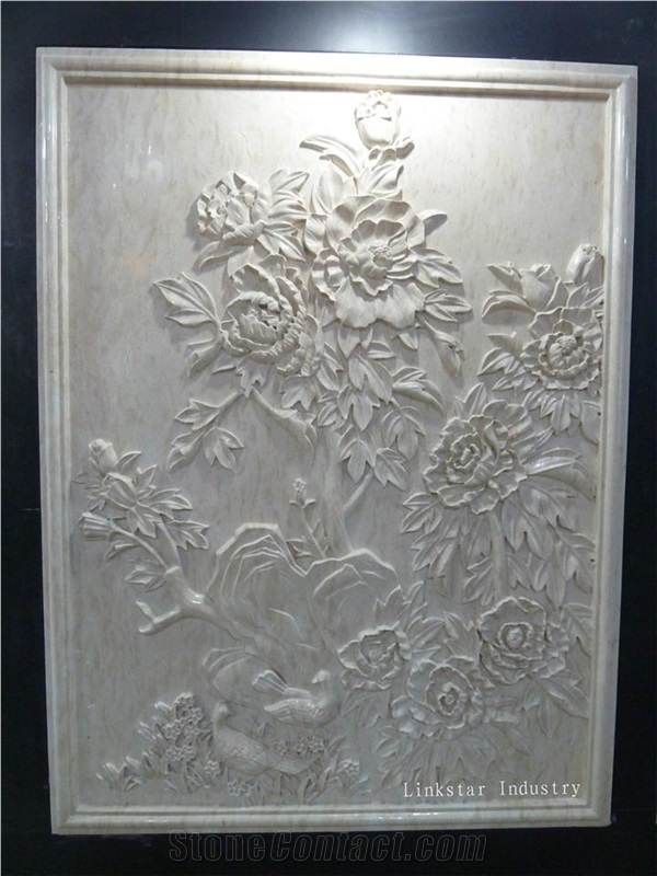 Decorative 3d Natural Stone Wall Art Panel, Beige Marble Relief & Etching