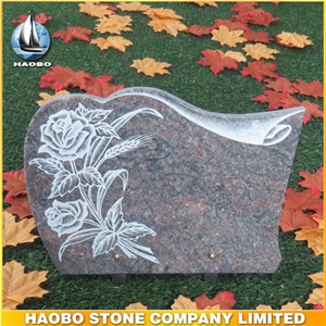 Rose Linecarving Red Granite Plaque, Red Granite Gravestone
