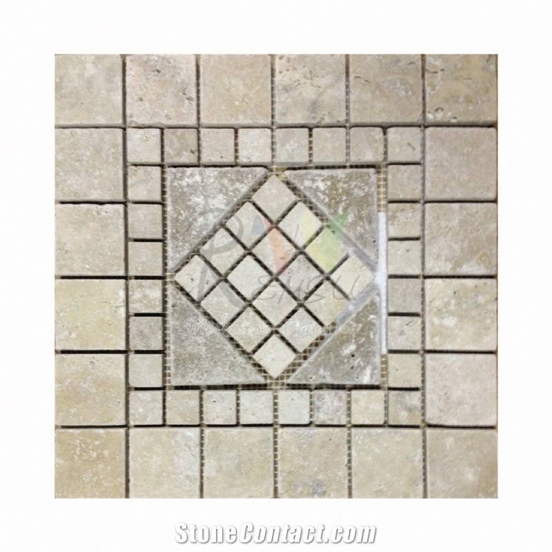 Travertine Mosaic Floor Medallion, Classic Beige Travertine Floor Medallion