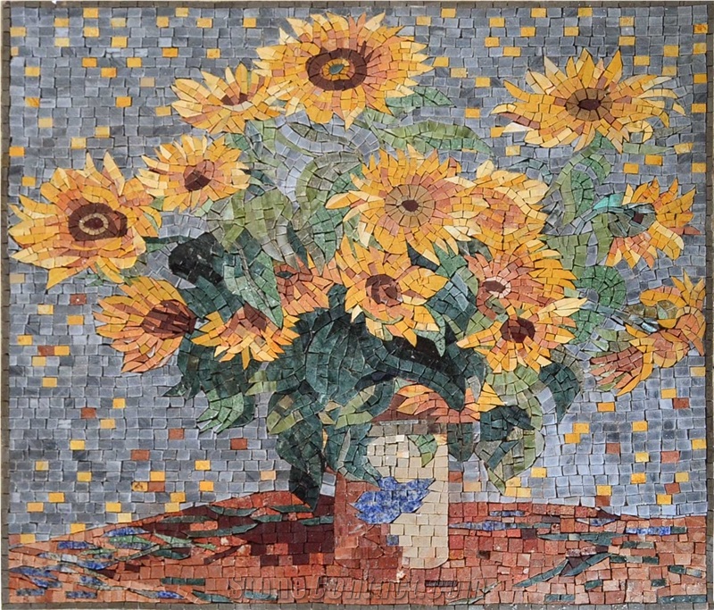 Vincent Van Gogh Sunflowers Reproduction on Marble Mosaic Tiles
