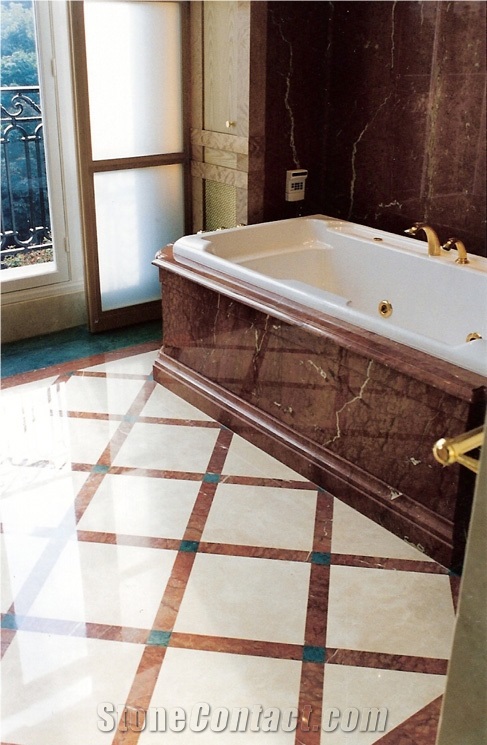 Rosso Alicante Marble and Crema Marfil Marble Bathroom Design