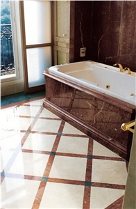 Rosso Alicante Marble and Crema Marfil Marble Bathroom Design