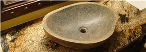 River Stone Vessel Sink, Granite Bath Countertop