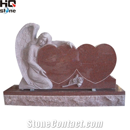 American Angel with Double Heart India Red Monument, Indian Red Granite Monuments
