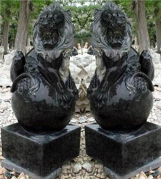 Black Marble Lion Sculpture,Garden Hand Carving Marble Lion Sculpture,Lion Statue