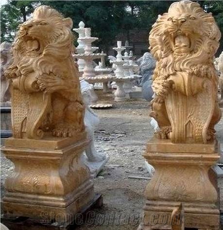 Large Yellow Marble Stone Lions Sculpture,Garden Marble Lion Statue