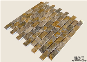 Travertine Mosaic on the Grid with a Polished Surface, Scabos Brown Travertine Mosaic