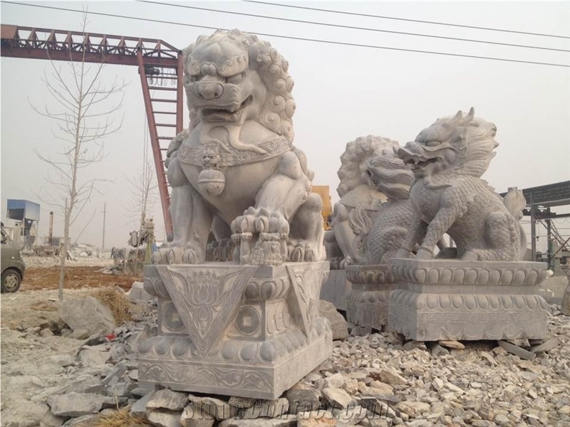 Hand Carved Chinese Limestone Lions, Carved Stones