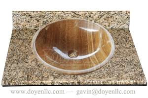 China Wood Grain Yellow Onyx Bathroom Round Sinks with Vanity Top 420x140x15