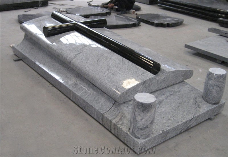 Granite Tombstone with Cross, Wiscount White Grey Granite Monument & Tombstone