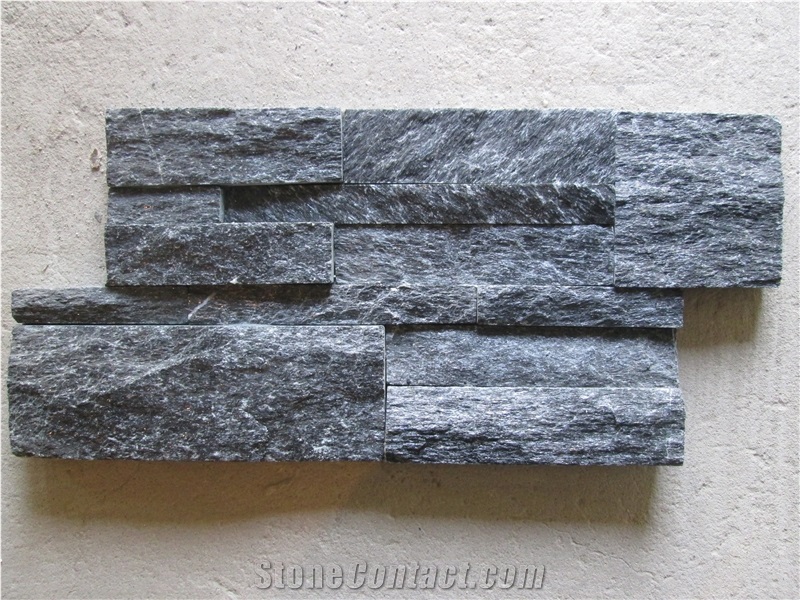 Black Quartzite Glued Cultured Stone Wall Panel, Black Quartzite Ledgestone Wall Cladding Tiles