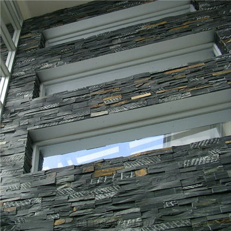 Natural Black Slate Wall Panel, Natural Black Glued Ledgestone Panel