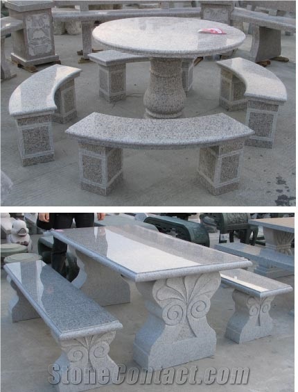 Stone Bench and Tables, Grey Granite Tables