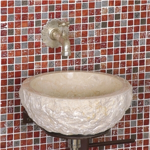 Marble Basin and Red Marble Mix Glass Mosaic Backsplah, Beige Marble Sinks & Basins