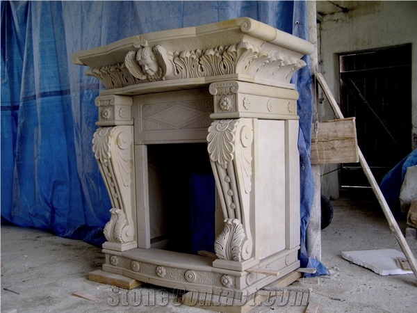 Sandstone Hand Carved Fireplace Design, Beige Sandstone Fireplace Design