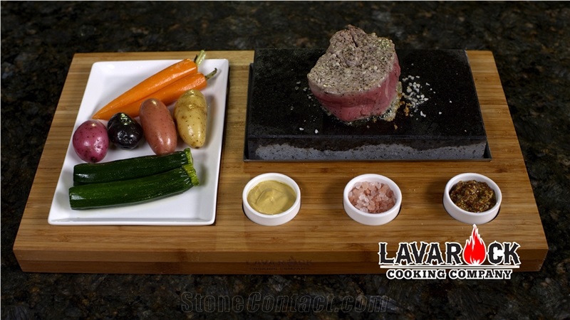 Lava Rock with Ceramic Platter and 3 Sauce Pots, Lava Rock Basalt Kitchen Accessories