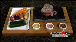 Lava Rock with Ceramic Platter and 3 Sauce Pots, Lava Rock Basalt Kitchen Accessories