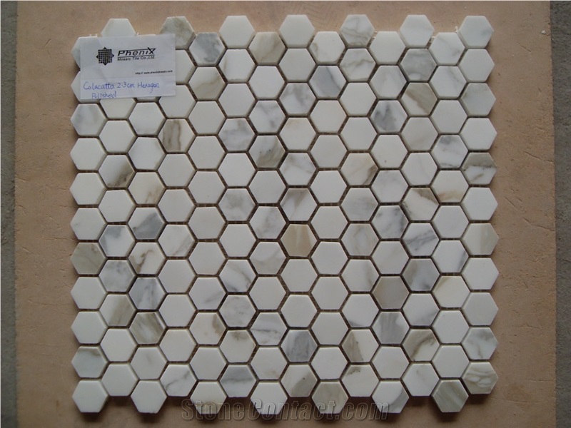 Calacatta 23mm Hexagon Polished, Italian Calacatta Mosaic, White Marble Mosaic